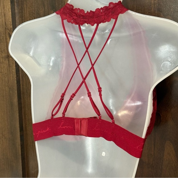 VS Pink Halter Bralette with Strappy back Size M color Wine red lined lace - Picture 2 of 4